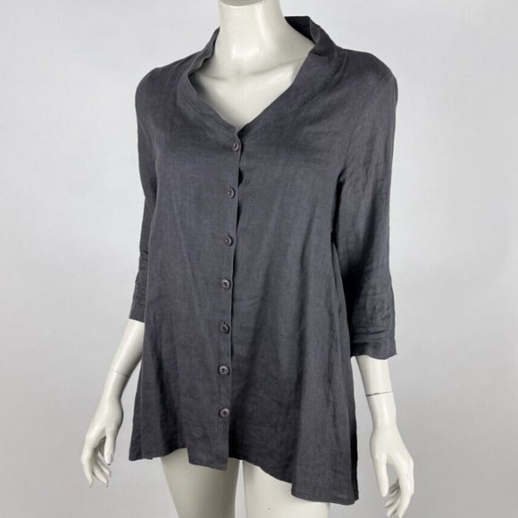 Flax Linen Shirt Women P 3/4 Sleeve V-neck ButtonUp Lightweight Blouse Top Tunic - Picture 2 of 9